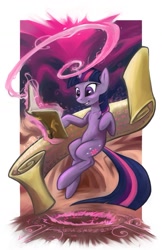 Size: 825x1275 | Tagged: safe, artist:halley-valentine, artist:hobbes-maxwell, imported from derpibooru, twilight sparkle, pony, unicorn, book, female, grin, levitation, magic, magic circle, mare, runes, scroll, smiling, solo, unicorn twilight