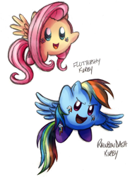 Size: 642x874 | Tagged: safe, artist:maraphy, artist:marraphy, imported from derpibooru, fluttershy, rainbow dash, crossover, duo, kirby, kirby (character), kirby (series), kirby fluttershy, kirbyfied, puffball, simple background, smiling, species swap, spread wings, white background, wings