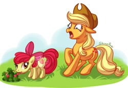 Size: 700x483 | Tagged: safe, artist:shinepawpony, imported from derpibooru, apple bloom, applejack, earth pony, pony, betrayal, betrayed, cutiespark, disgrace, dishonorapple, duo, eating, female, filly, herbivore, hilarious in hindsight, mare, simple background, sisters, strawberry, that pony sure does hate strawberries, treason, white background