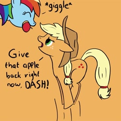 Size: 750x750 | Tagged: safe, artist:smockhobbes, imported from derpibooru, applejack, rainbow dash, apple, jumping