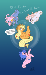 Size: 620x1000 | Tagged: safe, artist:jenasu, imported from derpibooru, applejack, earth pony, pony, sea pony, bubble, female, g1, g1 to g4, g4, generation leap, group, mare, quartet, shoo be doo, thought bubble, underwater