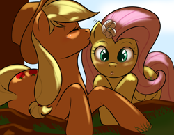 Size: 1800x1400 | Tagged: safe, artist:kloudmutt, imported from derpibooru, applejack, fluttershy, appleshy, female, flower, kissing, lesbian, mare, shipping