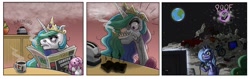 Size: 1646x519 | Tagged: safe, artist:dalapony, imported from derpibooru, derpy hooves, princess celestia, princess luna, alicorn, horse, pegasus, pony, gamer luna, angry, banishment, blue screen of death, breakfast, cigarette, clothes, coffee, comic, crown, faic, female, jewelry, mare, microsoft, microsoft windows, moon, morning ponies, newspaper, regalia, s1 luna, sharp teeth, slippers, smoking, space, to the moon, toast, toaster, welcome princess celest