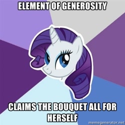 Size: 400x400 | Tagged: safe, imported from derpibooru, rarity, pony, element of generosity, image macro, meme, meta, solo