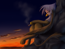 Size: 3333x2499 | Tagged: safe, artist:swaetshrit, imported from derpibooru, gilda, griffon, cigarette, detailed, high res, smoking, sunset