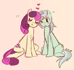 Size: 900x859 | Tagged: safe, artist:emmy, imported from derpibooru, bon bon, lyra heartstrings, sweetie drops, blushing, female, lesbian, lyrabon, mare, shipping