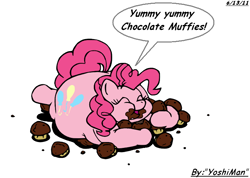 Size: 722x515 | Tagged: safe, artist:yoshiman1118, imported from derpibooru, pinkie pie, earth pony, pony, chubby, chubby cheeks, fat, female, mare, messy eating, muffin, obese, piggy pie, pudgy pie