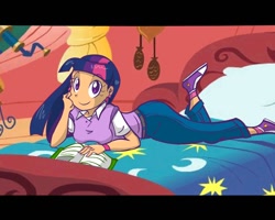 Size: 1280x1024 | Tagged: safe, artist:kreoss, imported from derpibooru, twilight sparkle, human, bed, converse, humanized, shoes, solo