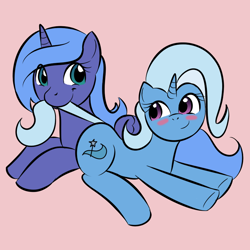 Size: 800x800 | Tagged: safe, artist:kloudmutt, imported from derpibooru, princess luna, trixie, pony, blushing, duo, female, lesbian, luxie, mare, s1 luna, shipping, simple background, smiling