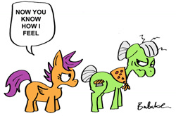 Size: 900x595 | Tagged: safe, artist:bakertoons, deleted from derpibooru, imported from derpibooru, granny smith, scootaloo, chicken, comic, dialogue