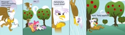 Size: 2000x571 | Tagged: safe, artist:cgeta, imported from derpibooru, apple bloom, gilda, scootaloo, sweetie belle, earth pony, griffon, pegasus, pony, unicorn, apple, apple tree, bait and switch, bow, comic, cutie mark crusaders, eating, eyes closed, flying, food, gritted teeth, hair bow, hungry, sharp teeth, starving, stomach noise, teeth, tree, yay