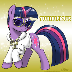 Size: 1000x1000 | Tagged: safe, artist:johnjoseco, imported from derpibooru, twilight sparkle, pony, unicorn, abstract background, artifact, bling, chains, clothes, female, hoodie, jewelry, lidded eyes, mare, medallion, necklace, solo, sunglasses, sweater, twilightlicious, twililicious, unicorn twilight