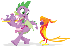 Size: 2900x1900 | Tagged: safe, artist:equestria-prevails, imported from derpibooru, peewee, spike, dragon, phoenix, apron, awesome in hindsight, clothes, duo, fangs, heartwarming in hindsight, hilarious in hindsight, looking back, male, mouth hold, naked apron, older, open mouth, simple background, smiling, tea, teacup, teapot, teenage spike, transparent background, walking, winged spike, wings