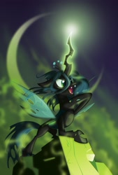 Size: 2160x3200 | Tagged: safe, artist:equestria-prevails, imported from derpibooru, queen chrysalis, changeling, changeling queen, badass, be prepared, crossover, female, glowing, glowing horn, high res, horn, magic, moon, moonlight, open mouth, raised hoof, smiling, solo, standing, the lion king