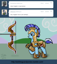 Size: 1280x1440 | Tagged: safe, artist:asktheguardponies, imported from derpibooru, minuette, pony, unicorn, animated, armor, arrow, ask, asktheguardponies, bow (weapon), cloud, female, gif, helmet, magic, mare, solo, tumblr, weapon