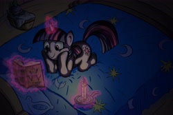 Size: 5143x3429 | Tagged: safe, artist:senselesssquirrel, imported from derpibooru, spike, twilight sparkle, dragon, pony, unicorn, absurd resolution, bed, book, candle, female, happy, magic, male, mare, reading, sleeping