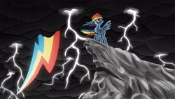 Size: 2560x1440 | Tagged: safe, artist:senselesssquirrel, imported from derpibooru, rainbow dash, pegasus, pony, backwards cutie mark, cliff, female, lightning, mare, pose, solo, storm, wallpaper, windswept mane