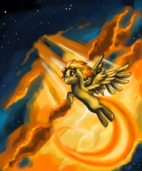 Size: 1500x1800 | Tagged: safe, artist:dymasyasilver, imported from derpibooru, spitfire, pegasus, pony, cloud, crepuscular rays, female, flight trail, flying, goggles, sky, solo