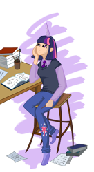 Size: 1015x1872 | Tagged: safe, artist:dymasyasilver, imported from derpibooru, twilight sparkle, human, book, clothes, cutie mark on clothes, desk, female, horn, horned humanization, humanized, necktie, pants, shirt, simple background, sitting, socks, solo, stocking feet, transparent background, vest