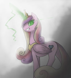 Size: 741x807 | Tagged: dead source, safe, artist:soulspade, imported from derpibooru, queen chrysalis, alicorn, changeling, disguise, disguised changeling, fake cadance, female, frown, glowing eyes, glowing horn, looking at you, smiling, solo