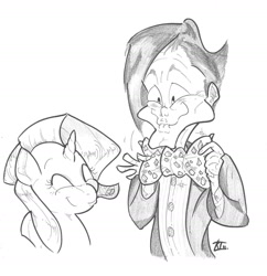 Size: 1700x1758 | Tagged: safe, artist:keentao, imported from derpibooru, rarity, pony, unicorn, bowtie, crossover, doctor who, duo, eleventh doctor, faic, grayscale, monochrome, simple background, smiling, traditional art, wavy mouth, white background