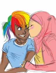 Size: 2550x3300 | Tagged: safe, artist:akiko-sempai, imported from derpibooru, fluttershy, rainbow dash, human, dark skin, female, flutterdash, high res, hijab, humanized, islam, islamashy, lesbian, shipping