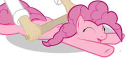 Size: 900x418 | Tagged: safe, artist:tg-0, imported from derpibooru, pinkie pie, earth pony, human, pony, cute, diapinkes, eyes closed, female, hand, happy, lying down, mare, massage, open mouth, prone, rolling pin, simple background, smiling, solo focus, white background