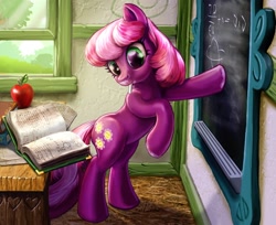 Size: 2000x1629 | Tagged: safe, artist:harwick, imported from derpibooru, cheerilee, earth pony, pony, apple, bipedal, book, chalk, chalkboard, classroom, female, mare, mouth hold, physics, ponyville schoolhouse, reading, school, solo, table, teaching, window, working, writing