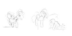 Size: 1400x700 | Tagged: safe, artist:envy, imported from derpibooru, pinkie pie, earth pony, pony, asexual reproduction, birthing, budding, clone, female, mare, mitosis, monochrome, self ponidox, sketch