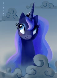 Size: 550x750 | Tagged: safe, artist:holivi, imported from derpibooru, princess luna, alicorn, pony, cloud, cloudy, female, looking up, mare, smiling, solo