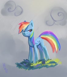 Size: 2011x2299 | Tagged: dead source, safe, artist:holivi, imported from derpibooru, rainbow dash, pegasus, pony, cloud, female, folded wings, hair over one eye, high res, mare, rain, signature, solo, wings
