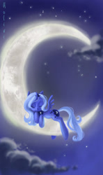 Size: 355x600 | Tagged: safe, artist:holivi, imported from derpibooru, princess luna, alicorn, pony, crescent moon, cute, female, filly, moon, night, sleeping, solo, tangible heavenly object, transparent moon, woona