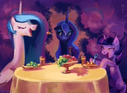 Size: 4311x3161 | Tagged: safe, artist:holivi, imported from derpibooru, princess celestia, princess luna, twilight sparkle, alicorn, pony, unicorn, absurd resolution, eyes closed, female, food, high res, laughing, lidded eyes, mare, open mouth, open smile, playing, royal sisters, siblings, sisters, smiling, spoon, table, trio, trio female, unicorn twilight