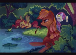 Size: 4311x3169 | Tagged: safe, artist:holivi, imported from derpibooru, applejack, fluttershy, rarity, earth pony, frog, pegasus, pony, unicorn, absurd resolution, cottagecore, female, flower, flower in hair, glowing horn, hatless, high res, lying down, magic, magic aura, mare, mirror, missing accessory, pond, prone, spread wings, telekinesis, trio, trio female, water, wings