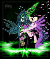 Size: 2300x2700 | Tagged: safe, artist:killryde, imported from derpibooru, princess cadance, queen chrysalis, changeling, changeling queen, action pose, crown, disguise, disguised changeling, duality, fake cadance, female, fusion, high res, jewelry, looking at you, magic, regalia, smiling, transformation