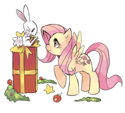 Size: 1505x1355 | Tagged: safe, artist:suikuzu, imported from derpibooru, angel bunny, fluttershy, pegasus, pony, christmas, female, mare, present, simple background, transparent background