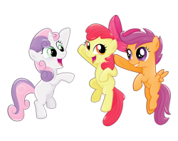 Size: 1253x993 | Tagged: safe, artist:catwhitney, imported from derpibooru, apple bloom, scootaloo, sweetie belle, earth pony, pegasus, pony, unicorn, cutie mark crusaders, female, filly, happy, jumping, simple background, transparent background