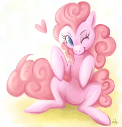 Size: 864x900 | Tagged: safe, artist:akita48, imported from derpibooru, pinkie pie, earth pony, pony, cute, diapinkes, female, heart, mare, sitting, solo, wink