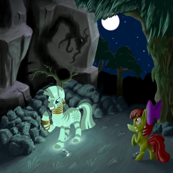 Size: 900x900 | Tagged: safe, artist:fantdragon, imported from derpibooru, apple bloom, zecora, earth pony, pony, zebra, duo, everfree forest, female, filly, glow in the dark, glow-in-the-dark, mare, night, rearing, scared, shadow, vial