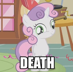 Size: 500x495 | Tagged: safe, edit, edited screencap, imported from derpibooru, screencap, sweetie belle, pony, unicorn, caption, death, derp, dissonant caption, eye twitch, female, filly, image macro, one word, pure unfiltered evil, smiling, solo, sweetie derp, text, wat