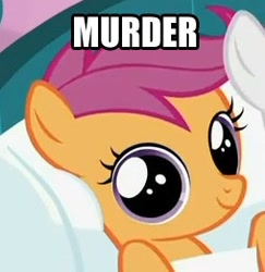 Size: 254x261 | Tagged: safe, edit, edited screencap, imported from derpibooru, screencap, scootaloo, pegasus, pony, season 1, stare master, artifact, big eyes, cropped, dilated pupils, dissonant caption, female, filly, foal, image macro, looking at you, murder, one word, pure unfiltered evil, reaction image, round eyes, smiling, solo focus, stare, text, text edit