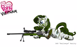 Size: 1800x1100 | Tagged: safe, artist:teddyhands, imported from derpibooru, part of a set, rarity, pony, unicorn, camouflage, cutie mark, female, green hair, gun, hooves, horn, knife, lying down, mare, optical sight, part of a series, rifle, simple background, smiling, sniper, sniper rifle, solo, text, vietnam, vietnam war, vietnam war series, war, watch, weapon, white background