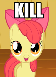 Size: 519x719 | Tagged: safe, edit, edited screencap, imported from derpibooru, screencap, apple bloom, earth pony, pony, caption, dissonant caption, female, image macro, implied murder, looking at you, one word, open mouth, pure unfiltered evil, smiling, solo, text