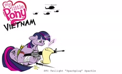 Size: 1800x1100 | Tagged: safe, artist:teddyhands, imported from derpibooru, part of a set, twilight sparkle, assault rifle, bandage, bleeding, blood, bullet, dear princess celestia, gun, knife, m16, m16a1, part of a series, rifle, uh-1 iroquois, vietnam, vietnam war, vietnam war series, war, weapon, writing