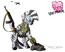 Size: 1500x1200 | Tagged: safe, artist:teddyhands, imported from derpibooru, part of a set, zecora, semi-anthro, zebra, ak-47, b-52, clothes, ear piercing, earring, female, grenades, gun, jewelry, kit carson scout, knife, part of a series, piercing, scarf, solo, vietnam, vietnam war, vietnam war series, war, weapon