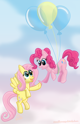 Size: 3300x5100 | Tagged: safe, artist:ronaldhennessy, imported from derpibooru, fluttershy, pinkie pie, pony, balloon, cloud, cloudy, female, flutterpie, lesbian, mare, shipping, then watch her balloons lift her up to the sky