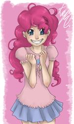 Size: 900x1500 | Tagged: safe, artist:mistix, imported from derpibooru, pinkie pie, human, clothes, female, humanized, light skin, skirt, smiling, solo
