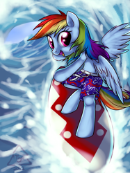 Size: 1024x1368 | Tagged: safe, artist:cat-cly, imported from derpibooru, rainbow dash, pony, bipedal, clothes, female, mare, solo, surfboard, surfing, swimming trunks, swimsuit, topless