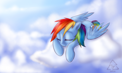 Size: 2000x1200 | Tagged: safe, artist:cat-cly, imported from derpibooru, rainbow dash, pony, cloud, cloudy, female, mare, sleeping, solo