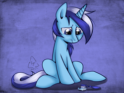 Size: 1024x768 | Tagged: safe, artist:cat-cly, imported from derpibooru, minuette, pony, unicorn, female, mare, sad, sitting, solo, toothbrush, toothpaste